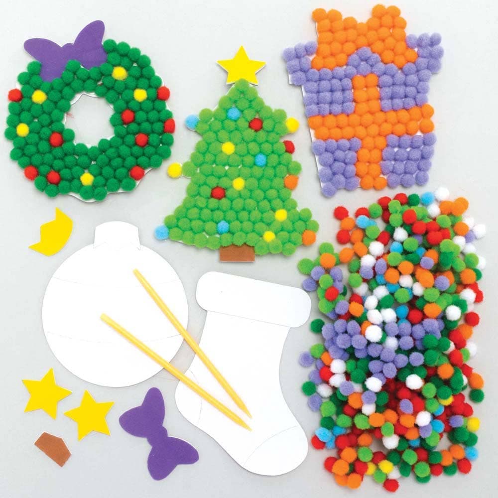 Christmas Pom Pom Art Kits (Pack of 5) Christmas Crafts 8 pom pom colours - Blue, Red, Yellow, Purple, Green, Light Green, Orange & White