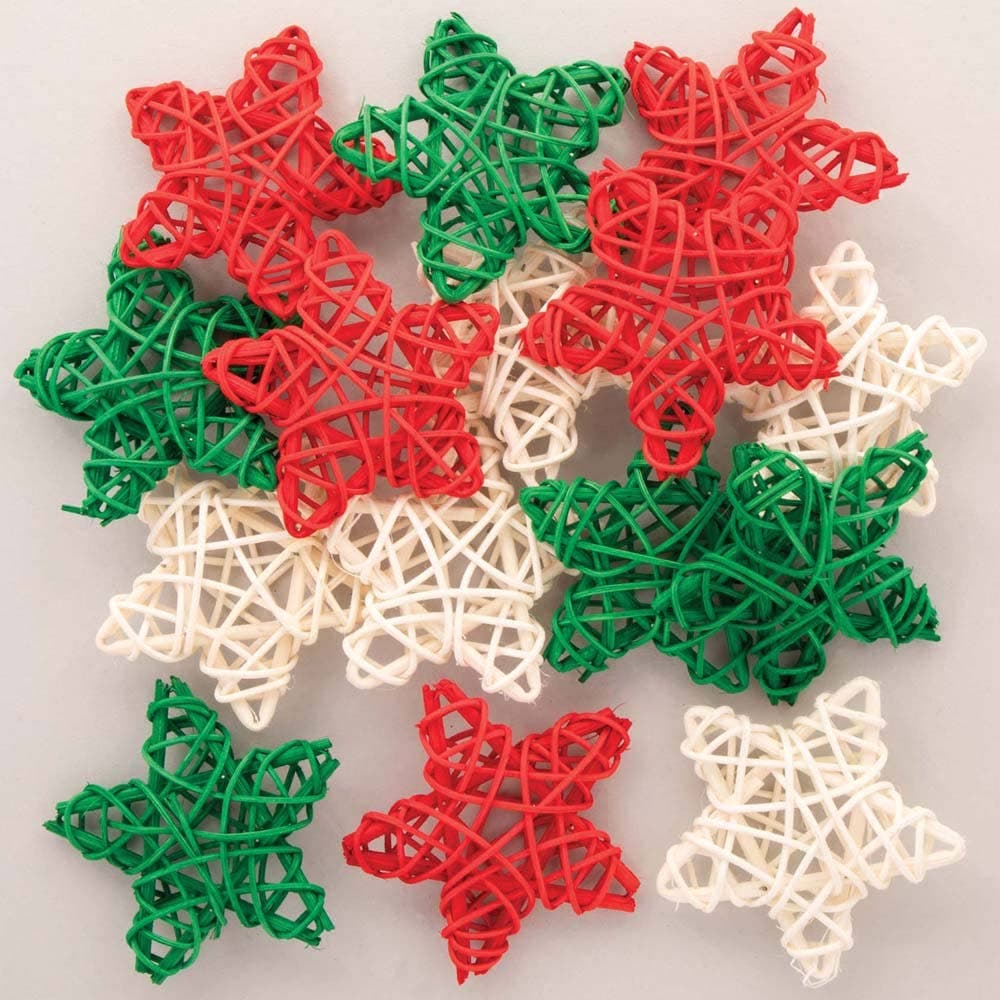 Christmas Rattan Stars (Pack of 15) Christmas Craft Supplies 3 colours - Red, Green & White