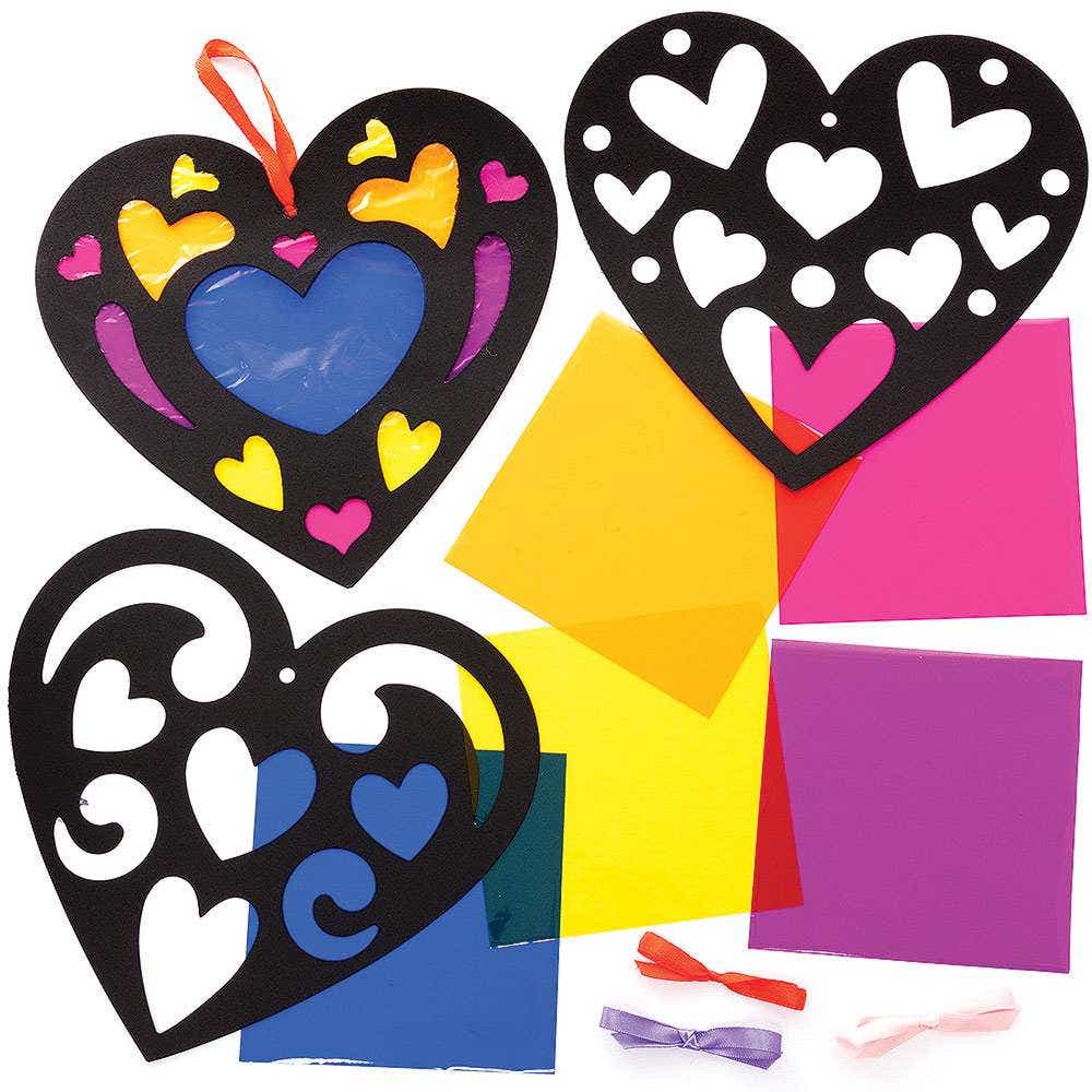 Heart Stained Glass Effect Hanging Decoration Kits (Pack of 6) 3 Designs & 6 Cellophane Colours, 18cm x 16cm, Ribbon Included