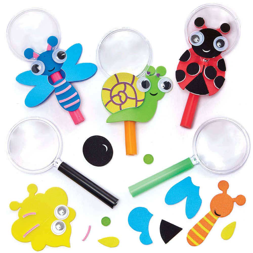 Insect Bug Magnifying Glass Kits (Pack of 5) Nature Craft Kits Handles come in 5 assorted colours - Pink, Red, Orange, Green & Black