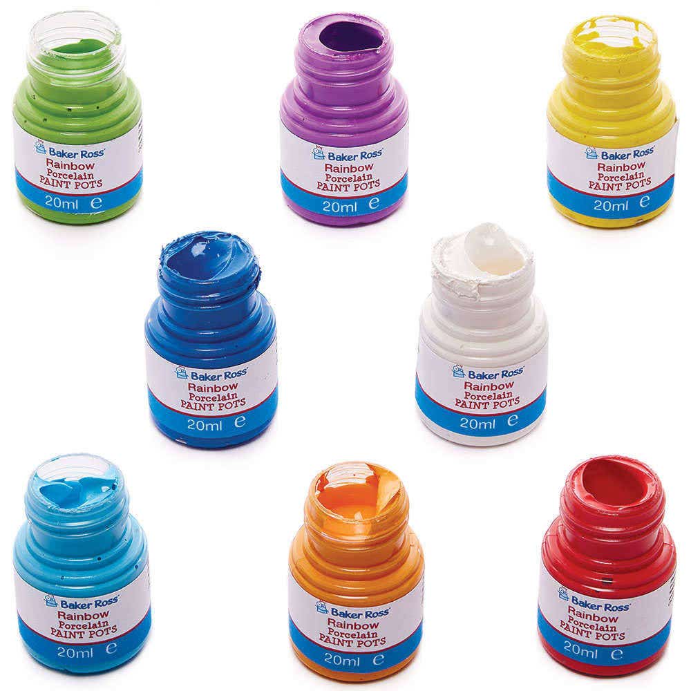 Rainbow Colours Porcelain Paint Pot Set 20ml (Box of 8) Water-Based & Glossy Finish, 8 Assorted Colours, Heat Fixable