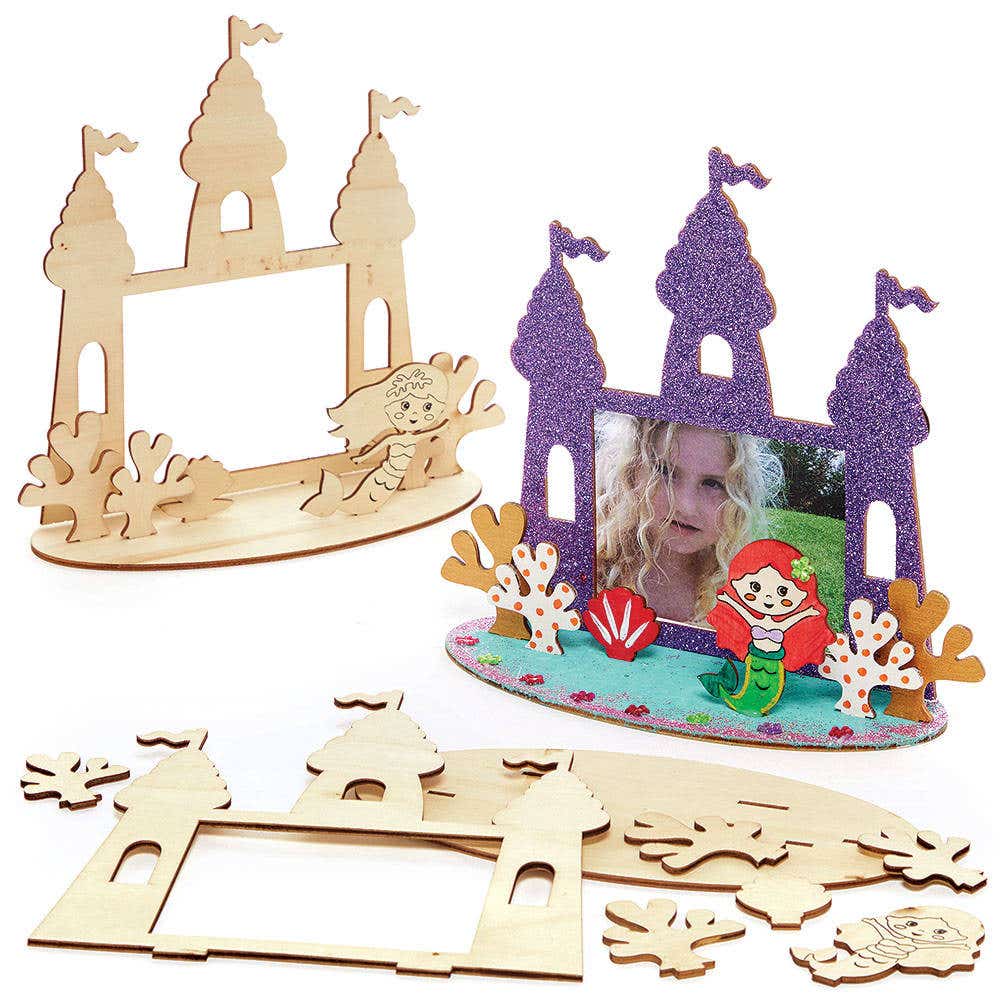 Mermaid Wooden Photo Frame Scene Kits (Pack of 4) 2 Assorted Designs, Decoration Craft Kits, Size 17cm x 9cm