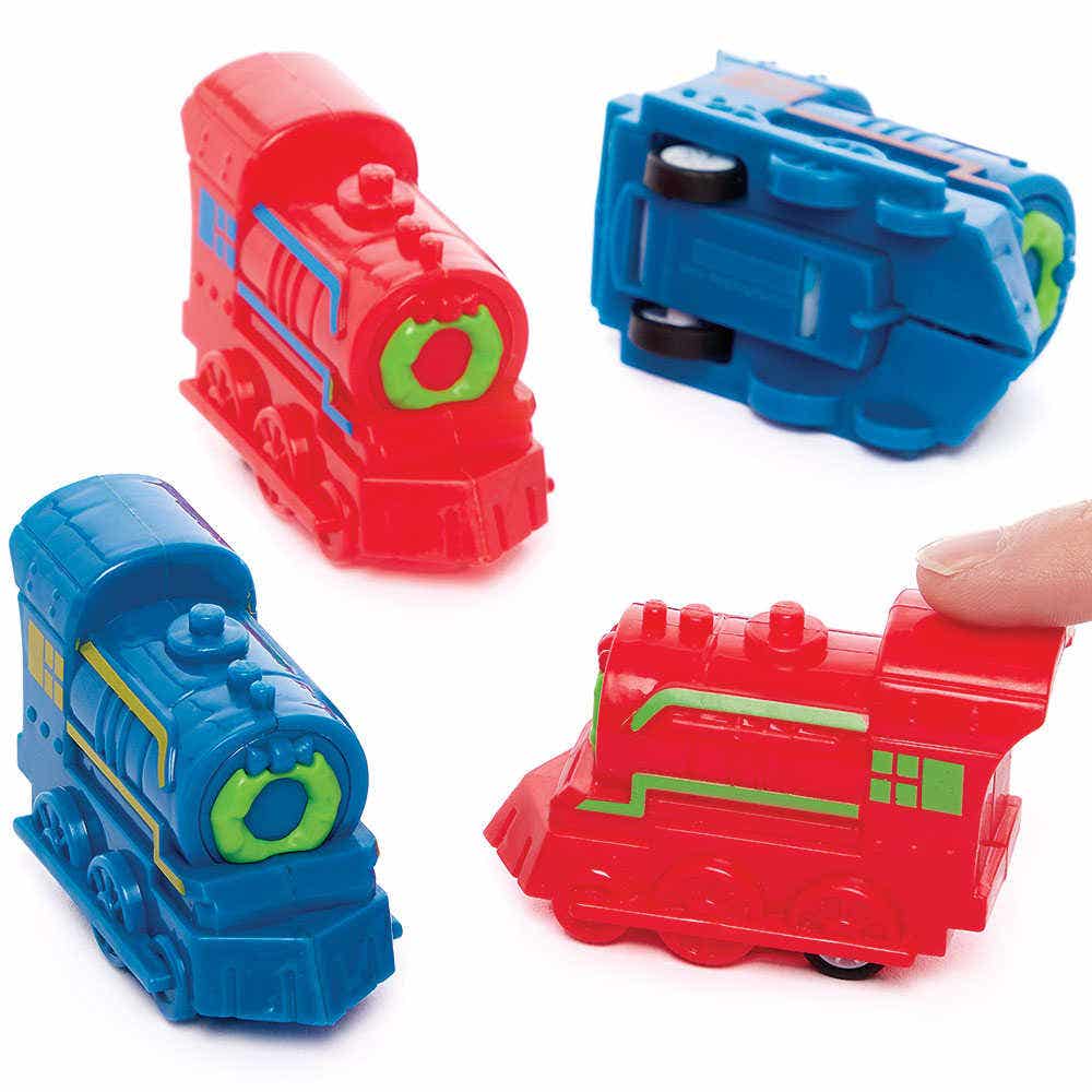 Train Pull Back Racers (Pack of 4) Pocket Money Toys, 4 Assorted Colourways, 7cm Long, Party Bag Fillers