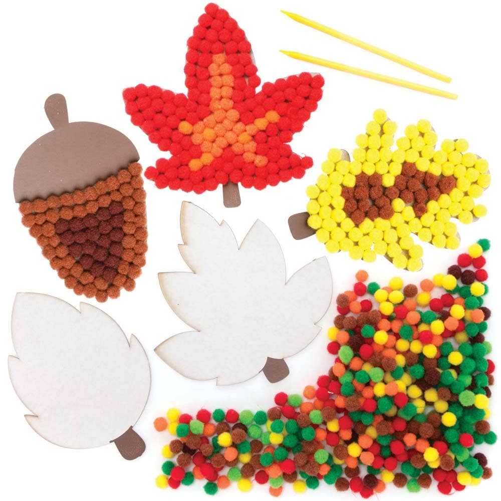 Autumn Pom Pom Art Kits (Pack of 5) Art Craft Kits 7 pom pom colours - Red, Orange, Yellow, Green, Light Green, Brown & Light Brown