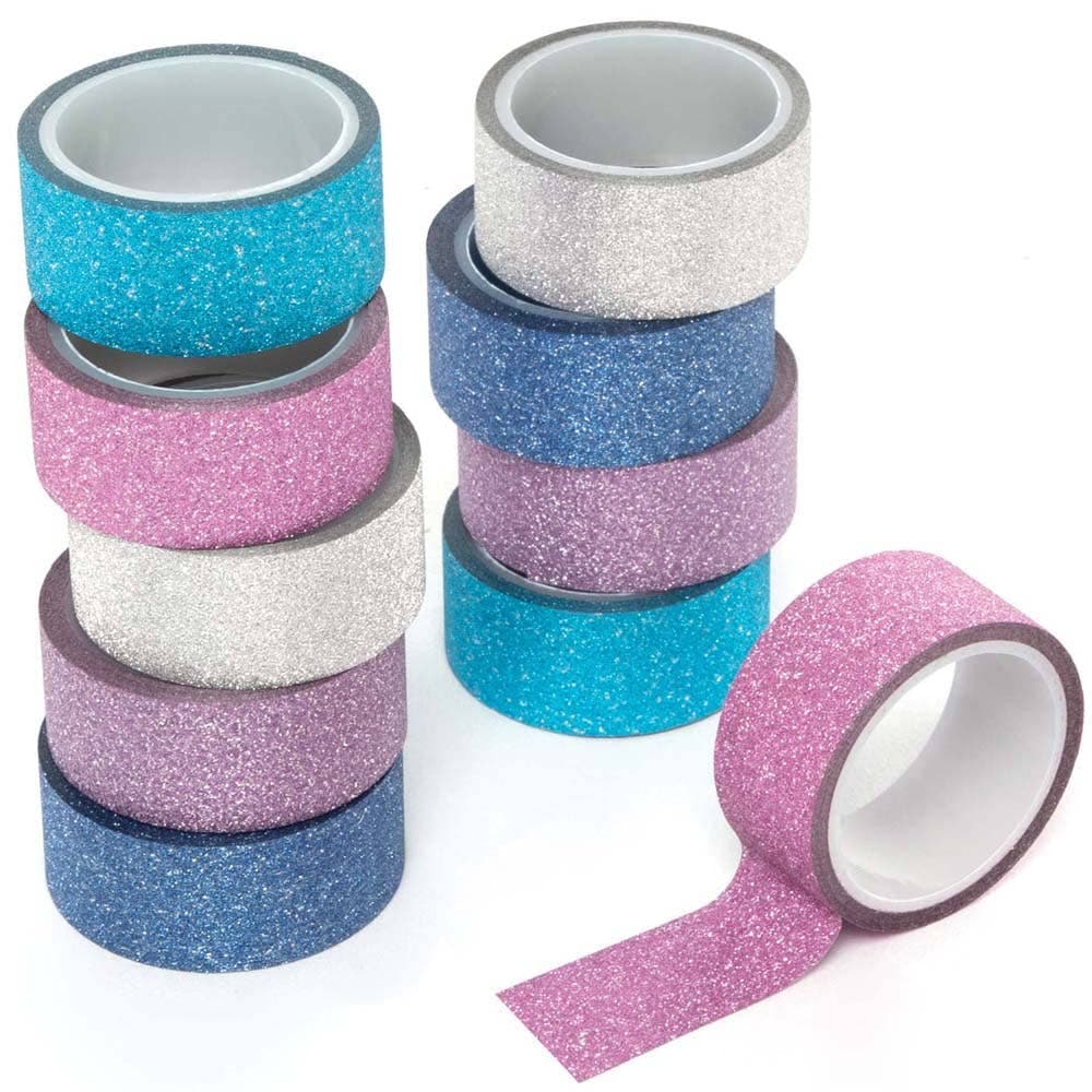 Winter Glitter Washi Tape (Pack of 10) Christmas Craft Supplies 5 colours - Light Blue, Dark Blue, Light Purple, Pink & Silver