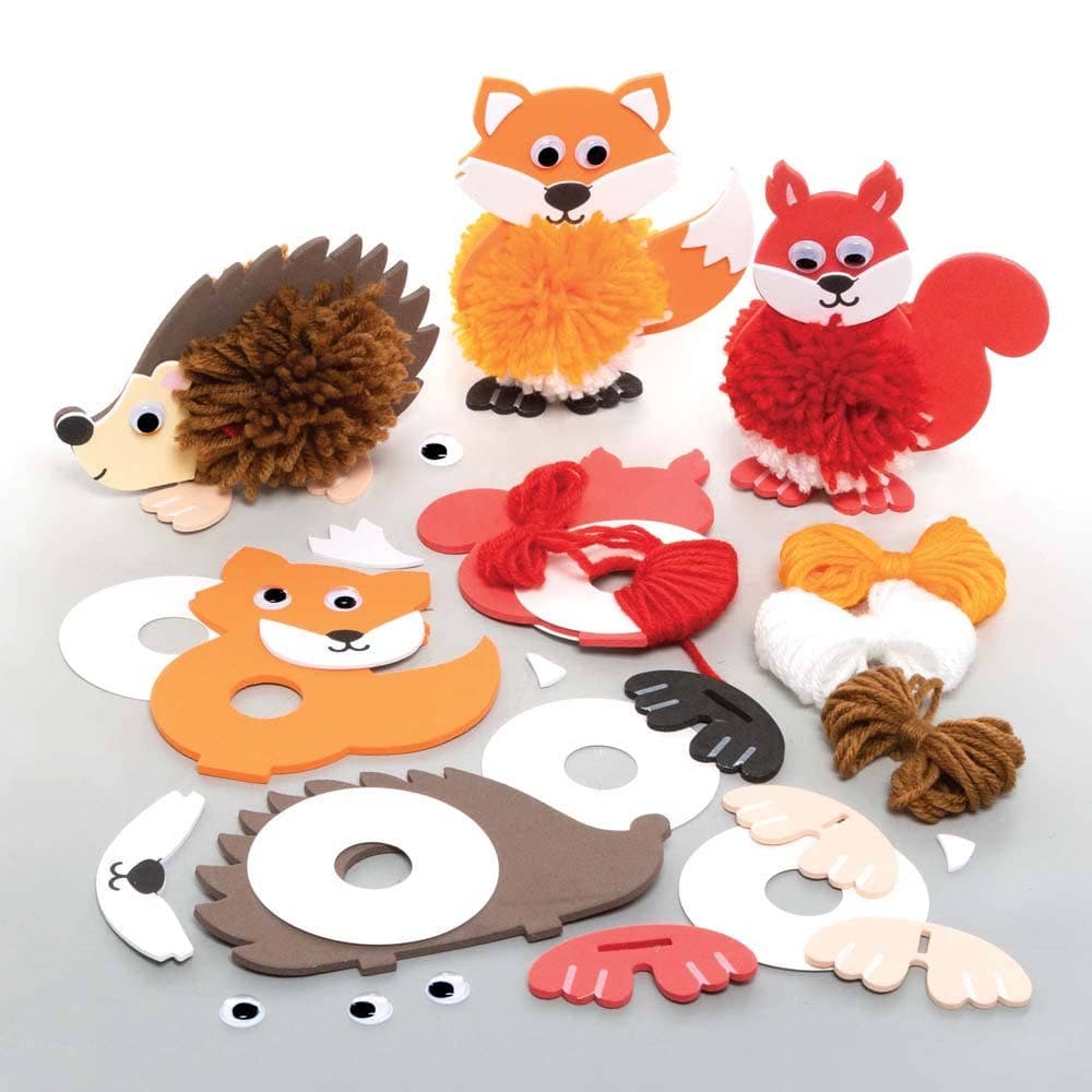 Woodland Animal Pom Pom Kits (Pack of 3) 3 Assorted Designs, Art Craft Kits, Height 9cm-13cm