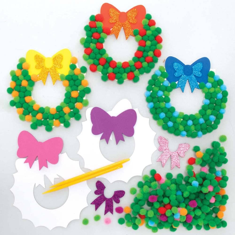 Christmas Wreath Pom Pom Art Kits (Pack of 5) Christmas Crafts 7 pom pom colours - Light Green, Dark Green, Red, Yellow, Blue, Purple & Pink
