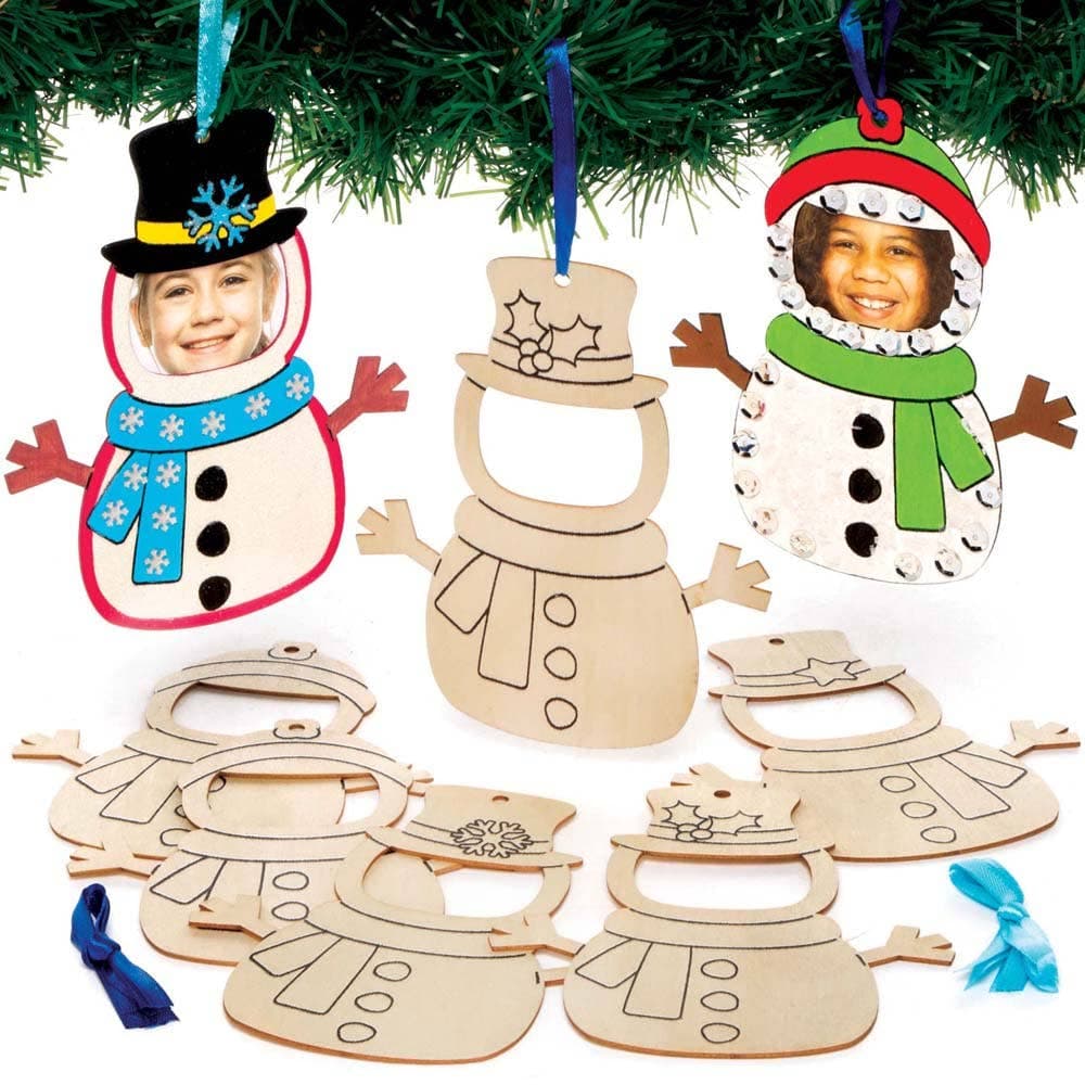 Snowman Wooden Photo Frame Decorations (Pack of 10) Christmas Crafts 2 ribbon colours - Dark Blue & Light Blue