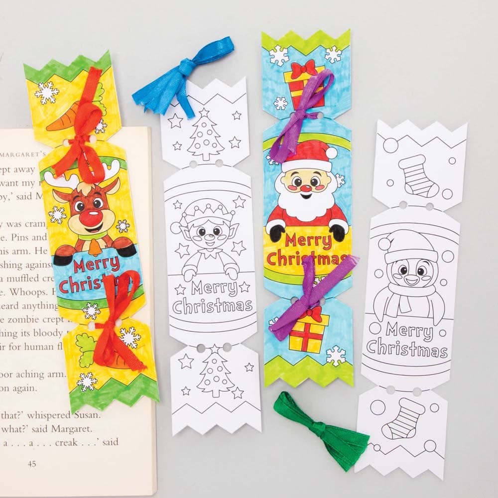 Christmas Cracker Colour-in Bookmarks (Pack of 12) Christmas Crafts 6 ribbon colours - Red, Green, Yellow, Blue, Orange & Purple