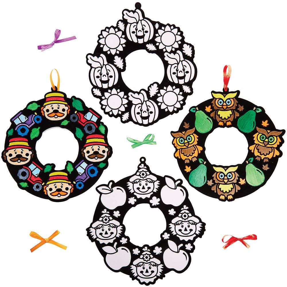 Harvest Festival Colour-in Fuzzy Art Wreaths (Pack of 10) Decoration Craft Kits