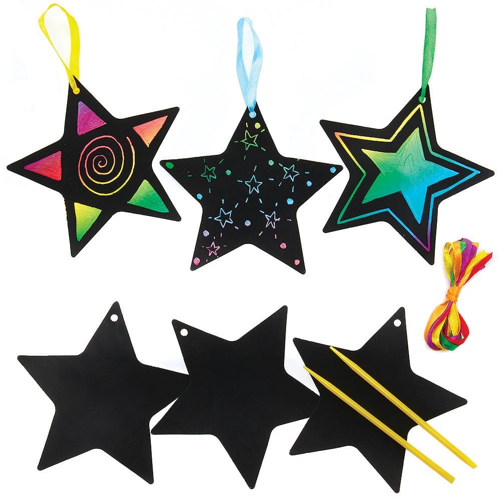 Star Scratch Art Hanging Decorations (Pack of 12) Scratch Tools Included, Fun Craft Kits