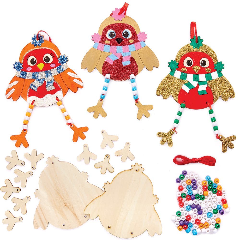 Christmas Robin Wooden Dangly Leg Kits (Pack of 5) Christmas Crafts 6 assorted bead colours - Red, White, Orange, Blue, Purple & Green