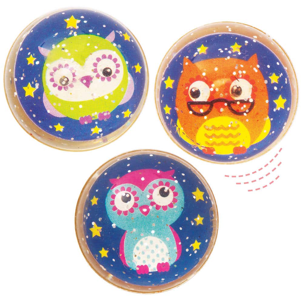 3 Little Owls Glitter Bouncy Balls (Pack of 10) 3 Assorted Designs, Pocket Money Toys, 32mm Diameter