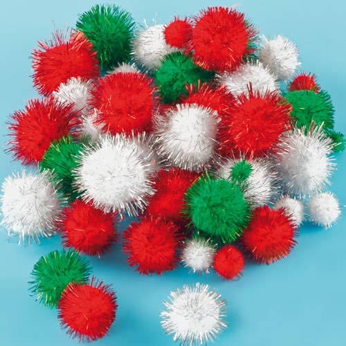 Christmas Glitter Pom Poms (Pack of 100) Christmas Craft Supplies 3 assorted colours - Red, White & Green