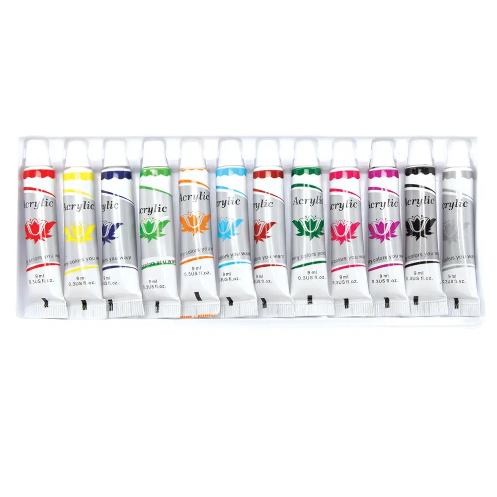 Acrylic Paint Set (Set of 12) 10ml Per Tube, 12 Assorted Colours, Flexible & Water-Resistant When Dry, Multi-Surface, Water-Based