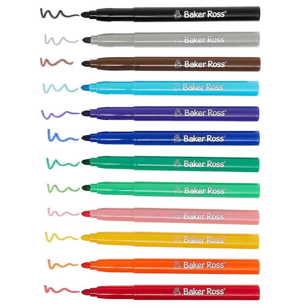 Broad Tip Marker Pens Value Pack (Pack of 12) Drawing 12 assorted colours - Light Green, Dark Green, Orange, Dark Blue, Light Blue, Light Pink, Yellow, Purple, Red, Brown, Grey and Black