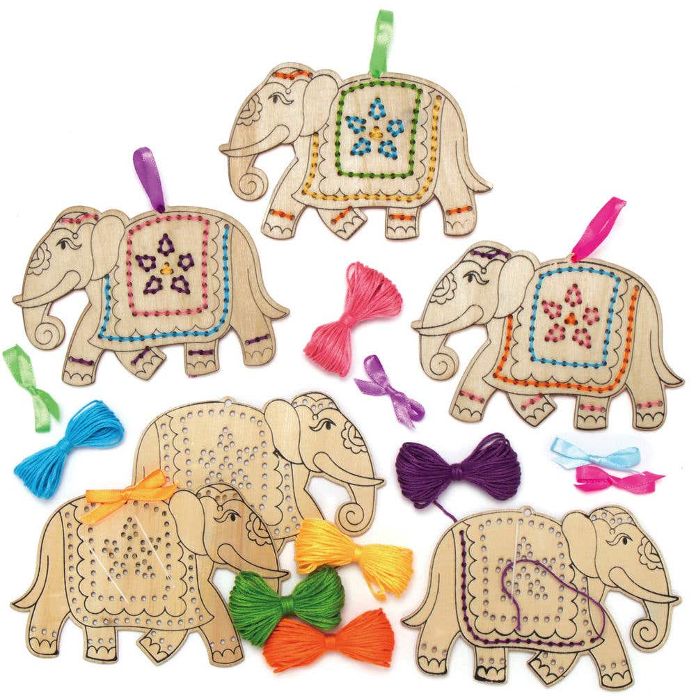 Ambari Elephant Wooden Cross Stitch Hanging Decoration Kits (Pack of 5) 6 Thread Colours Included, Size 8.5cm