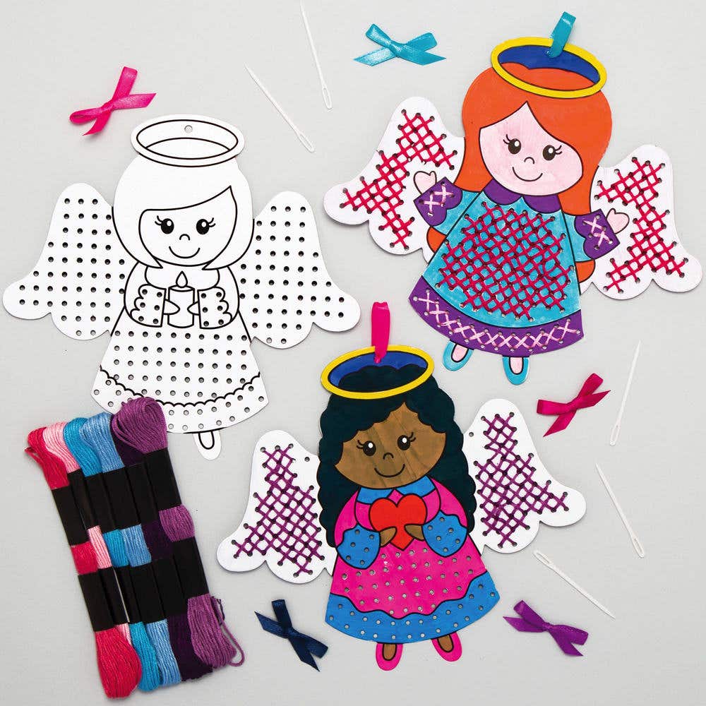 Angel Colour-in Cross Stitch Decoration Kits (Pack of 5) Christmas Crafts 6 thread colours - Violet, Lavender, Hot Pink, Light Pink, Light Blue & Sky Blue,