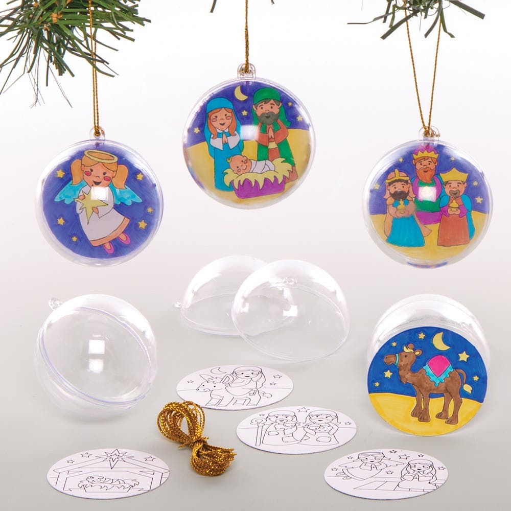 Nativity Colour-in Bauble Kits (Pack of 8) Christmas Crafts, 8 Assorted Designs, Gold Cord Included, 46mm Diameter