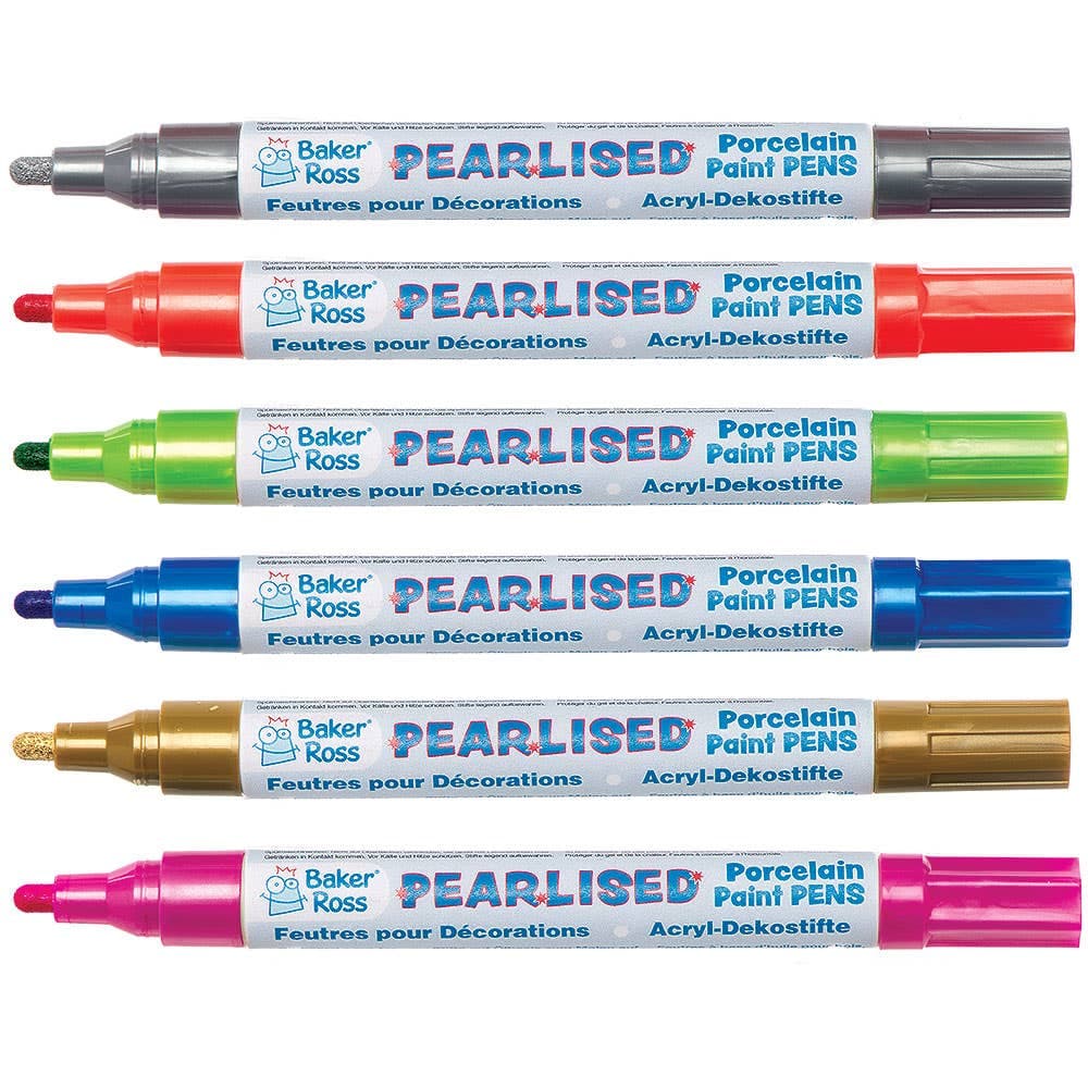 Pearlised Porcelain Paint Pens Colour Pack A (Colour Pack A) Art Supplies, Art Materials 6 assorted pearlised colours - Gold, Silver, Blue, Light Green, Pink & Orange
