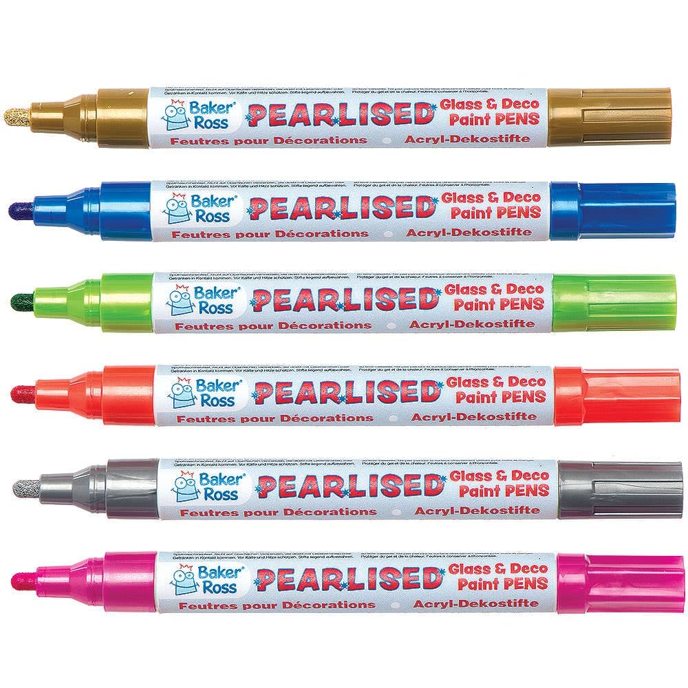 Pearlised Deco & Glass Paint Pens Colour Pack A (Colour Pack A) Art Supplies, Art Materials 6 assorted pearlised colours - Gold, Silver, Blue, Light Green, Pink & Orange