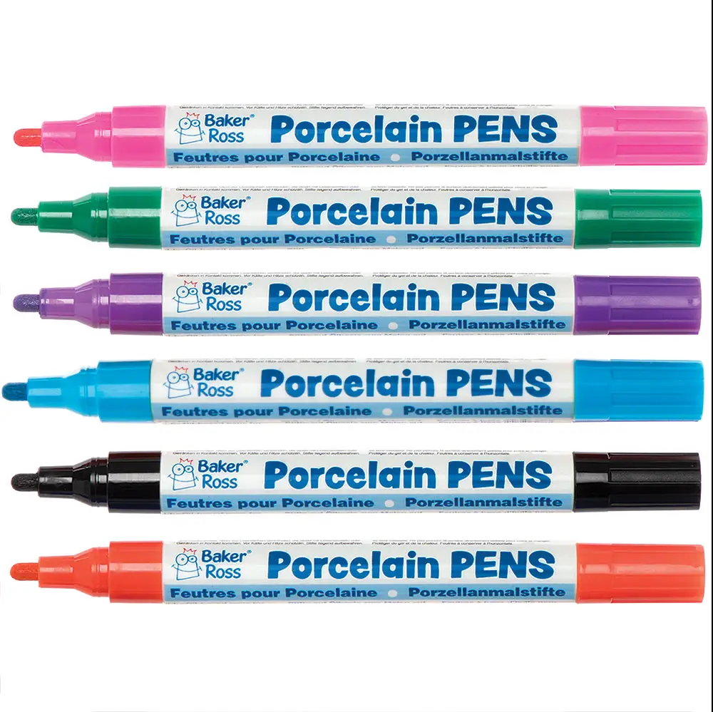Porcelain Paint Pens Colour Pack A (Colour Pack A) Art Supplies, Art Materials 6 assorted colours - Black, Light Blue, Dark Green, Light Pink, Purple & Orange