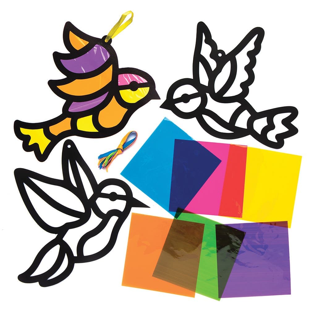Bird Stained Glass Decoration Kits (Pack of 6) Decoration Craft Kits 6 assorted cellophane colours - Orange, Yellow, Green, Blue, Pink & Purple
