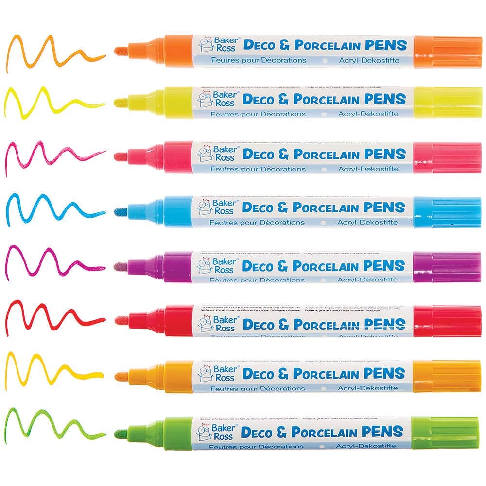 Neon Brights Porcelain Paint Pens (Pack of 8) Art Supplies, Art Materials 8 assorted neon colours - Brilliant Blue, Vivid Violet, Hot Pink, Flaming Orange, Yellow, Radiant Red, Glowing Green & Fiery Amber