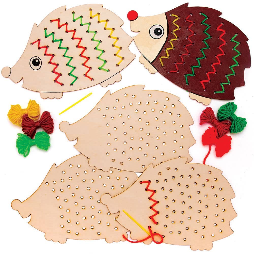 Hedgehog Wooden Threading Kits (Pack of 4) Sewing & Weaving Craft Kits 6 assorted wool colours - Red, Orange, Yellow, Light Green, Dark Green & Brown