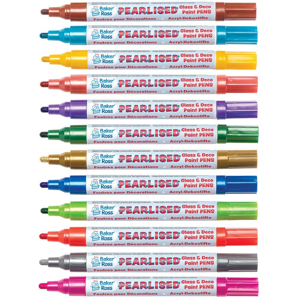 Pearlised Deco & Glass Paint Pens Bumper Pack (Packs A+B) 12 Assorted Colours, Oil-Based Acrylic Paint, Multi-Surface