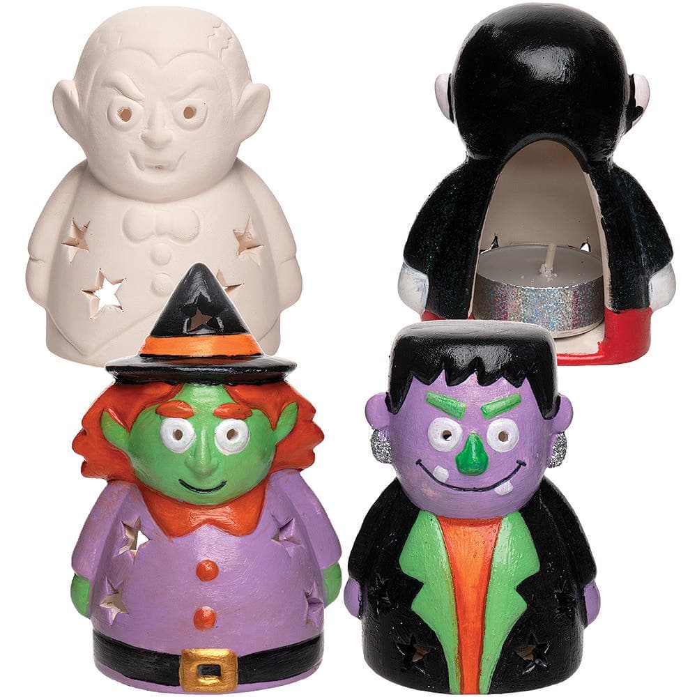 Halloween Ceramic Tealight Holders (Box of 3) Halloween Pottery Painting, Frankenstein, Dracula & Witch