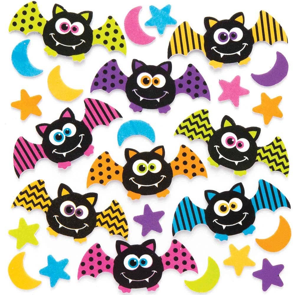 Bat Foam Stickers (Pack of 120) Stickers 6 assorted colours - Orange, Purple, Green, Pink, Yellow & Blue