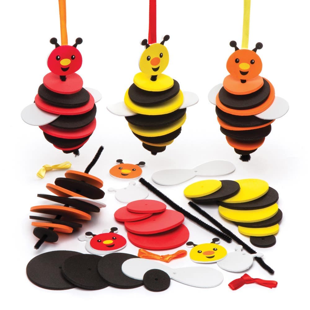 Bee Stacking Kits (Pack of 6) Craft Kits For Kids, 3 Assorted Colours, Foam & Pipe Cleaners Included, Size 13.5cm