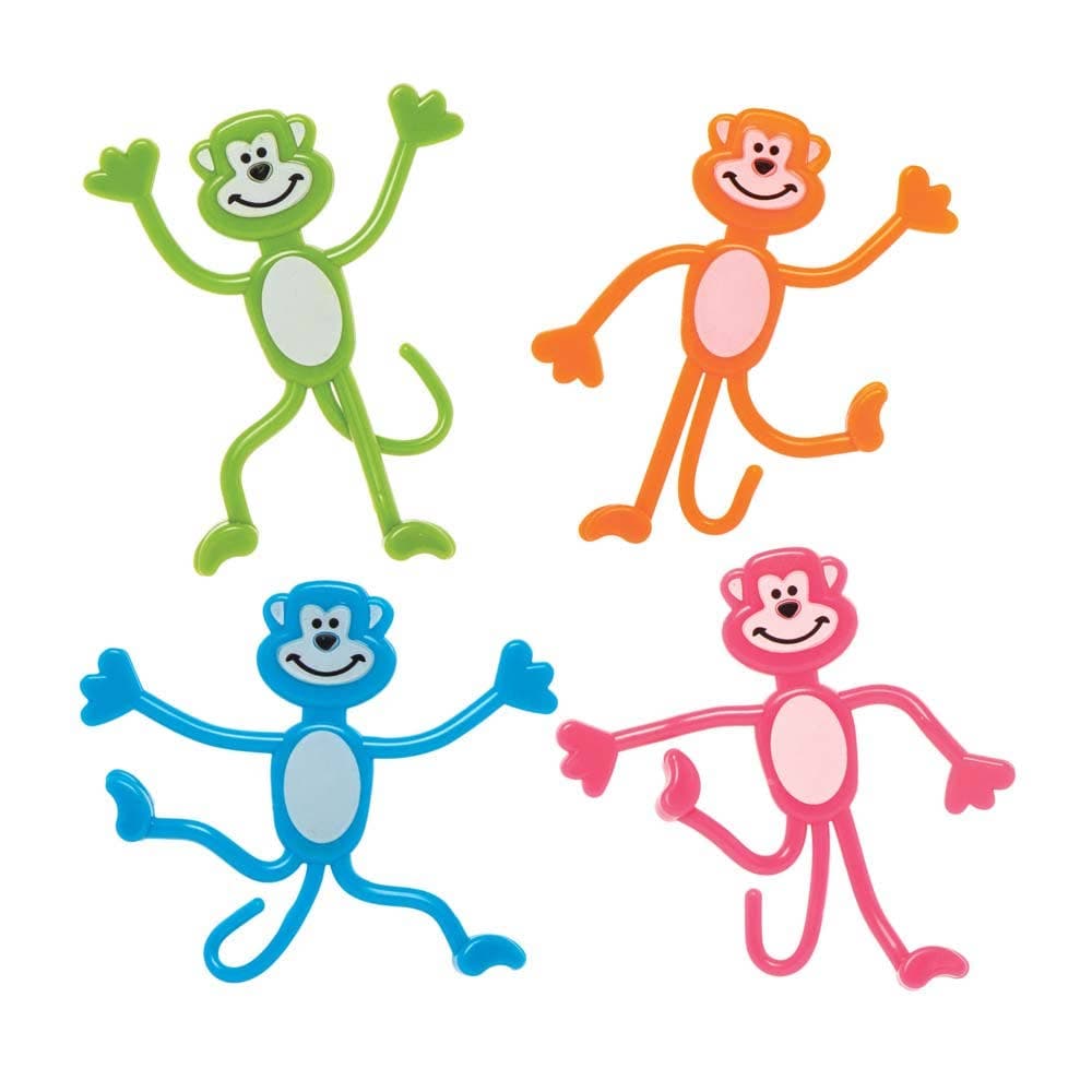 Bendy Monkeys (Pack of 4) Soft & Sensory Toys 4 assorted colours - Orange, Blue, Green & Pink