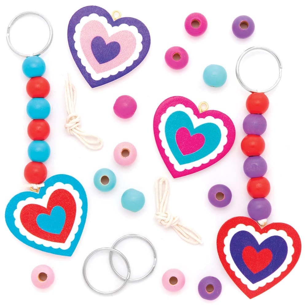 Heart Wooden Keyring & Bag Dangler Kits (Pack of 4) Craft Kits For Kids 4 assorted colourways - Pink/Blue, Purple/Pink, Red/Purple & Blue/Red