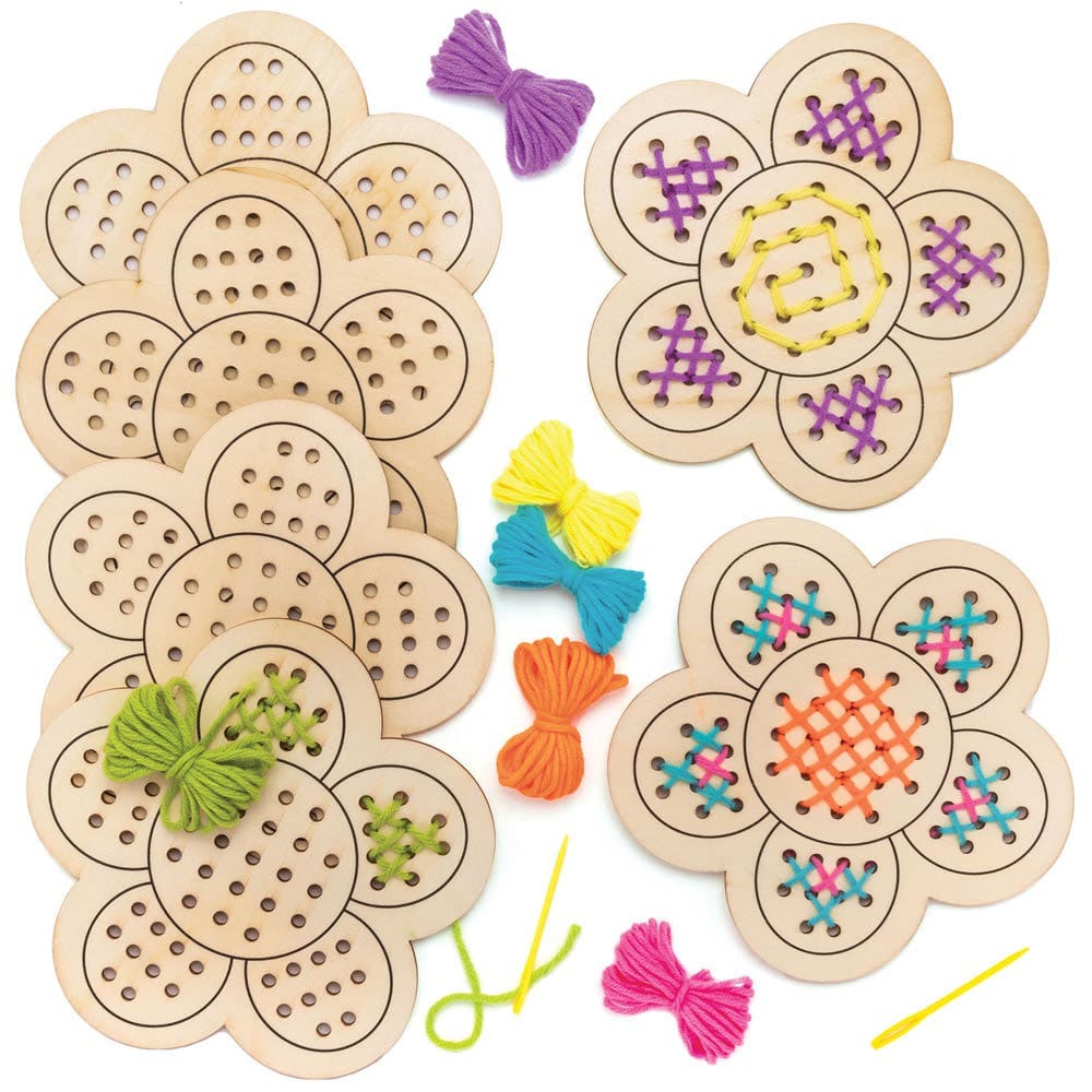 Flower Wooden Threading Kits (Pack of 4) Sewing & Weaving Craft Kits, 6 Assorted Colours, 17cm x 17cm