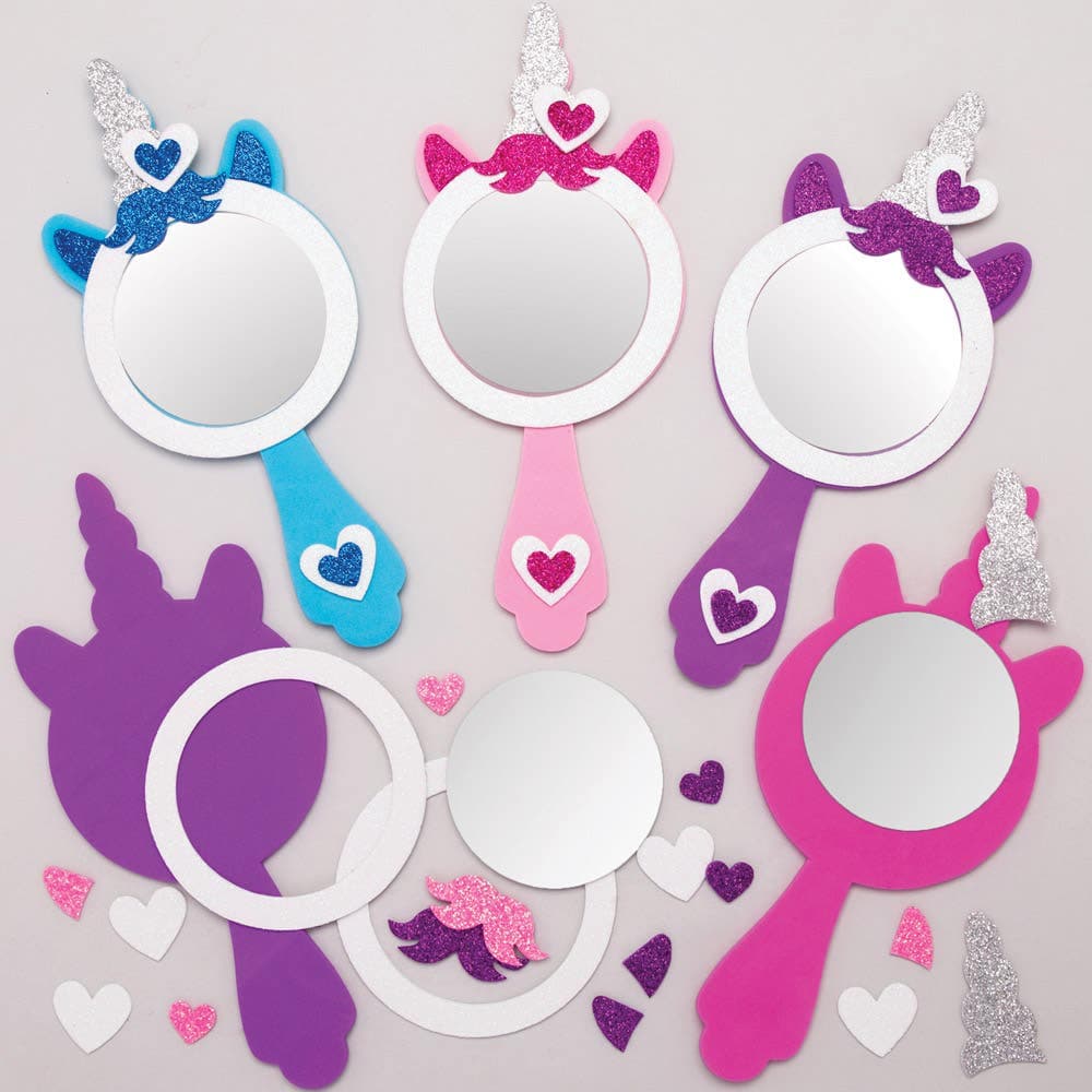 Unicorn Mirror Kits (Pack of 4) Craft Kits For Kids 4 assorted foam colours - Blue, Light Pink, Dark Pink & Purple