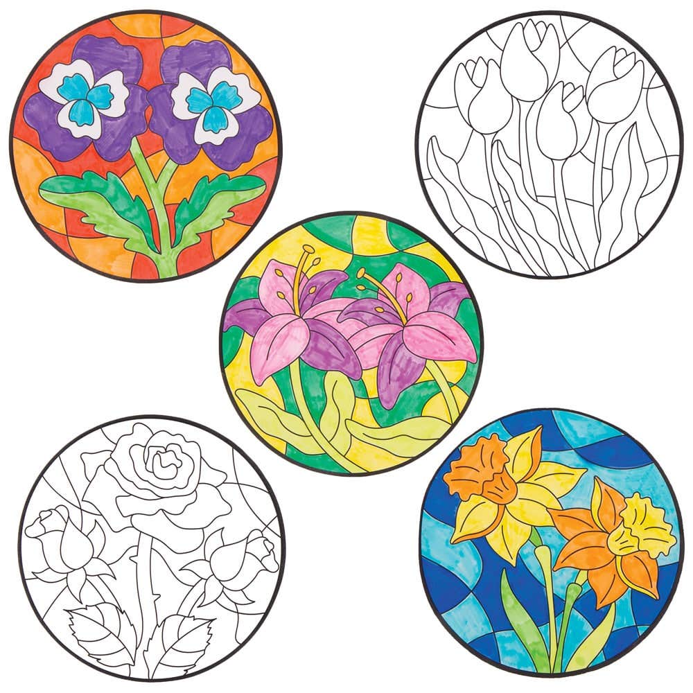 Flower Colour-in Window Decorations (Pack of 12) Vellum Paper, 6 Assorted Designs, 15cm Diameter, Stained Glass Effect
