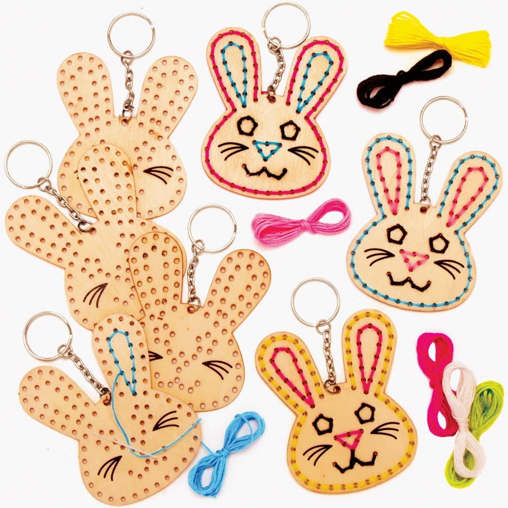 Easter Bunny Wooden Threading Keyring Kits (Pack of 5) 7 Assorted Thread Colours, 9cm