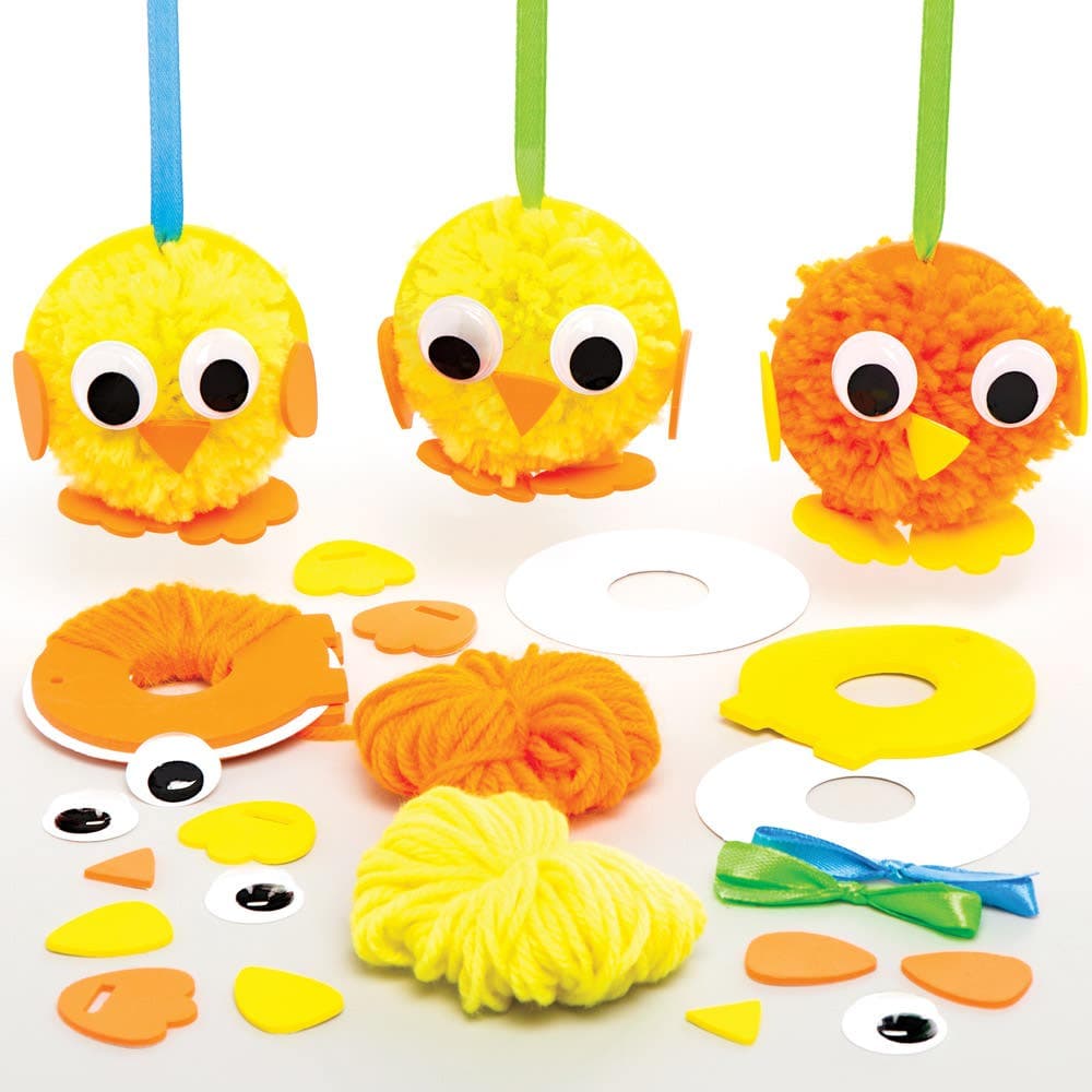 Easter Chick Pom Pom Making Kits (Pack of 4) Easter Crafts For Kids, 2 Assorted Designs, Pom Pom Maker Included