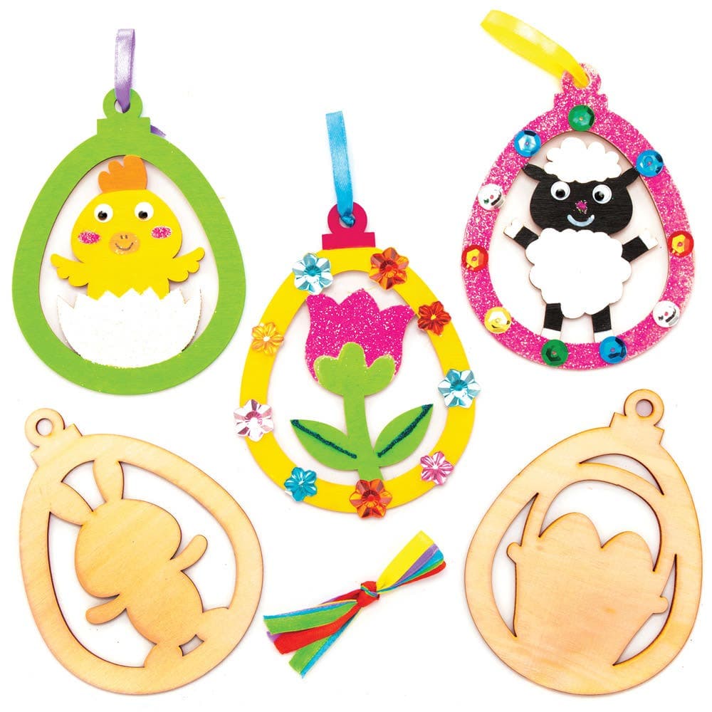 Easter Wooden Decorations (Pack of 10) Easter Crafts For Kids 5 assorted ribbon colours - Blue, Yellow, Orange, Green & Purple
