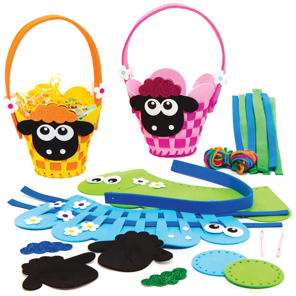 Fluffy Sheep Weaving Basket Kits (Pack of 4) Sewing & Weaving Craft Kits 4 assorted foam colours - Pink, Blue, Yellow & Green