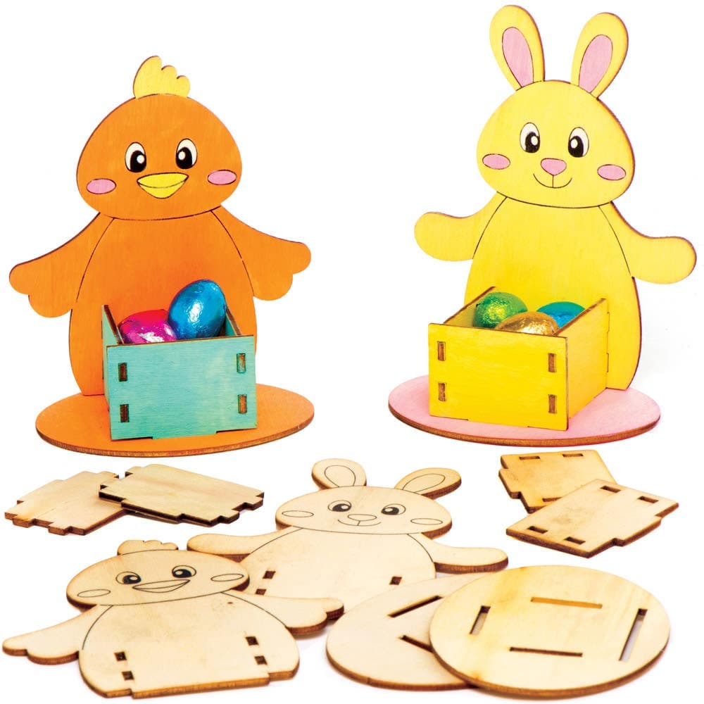Bunny & Chick Wooden Egg Cup Kits (Pack of 4) Easter Craft Kit, Self Assemble & Decorate, 11cm x 9cm