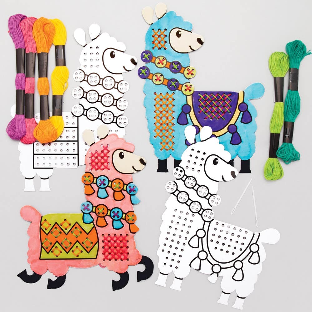 Lovely Llama Colour-in Cross Stitch Kits (Pack of 5) Sewing & Weaving Craft Kits 6 assorted thread colours - Yellow, Orange, Pink, Green, Blue & Purple