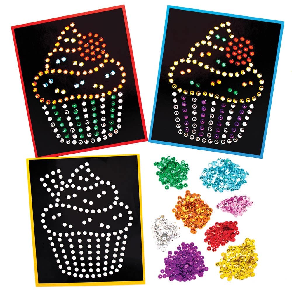 Cupcake Sequin Craft Picture Kits (Pack of 5) Craft Kits For Kids 8 sequin colours - Purple, Yellow, Red, Pink, Blue, Orange, Green & Silver