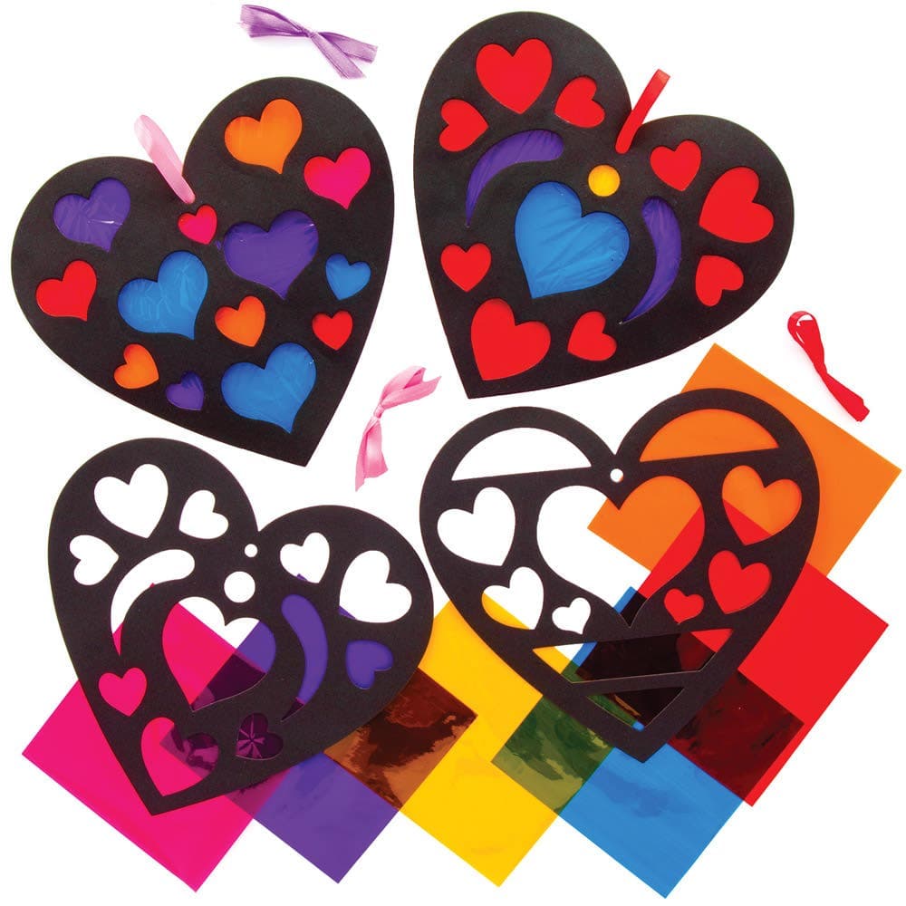 Heart Stained Glass Effect Decoration Kits (Pack of 6) 3 Designs, Coloured Cellophane & Hanging Ribbon Included