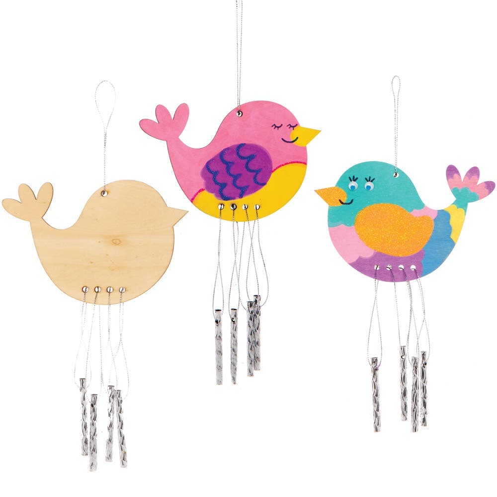 Bird Wooden Windchimes (Pack of 4) Pre-Strung Metal Charms Included, Size 14.5cm x 10cm, DIY Nature Craft Kits