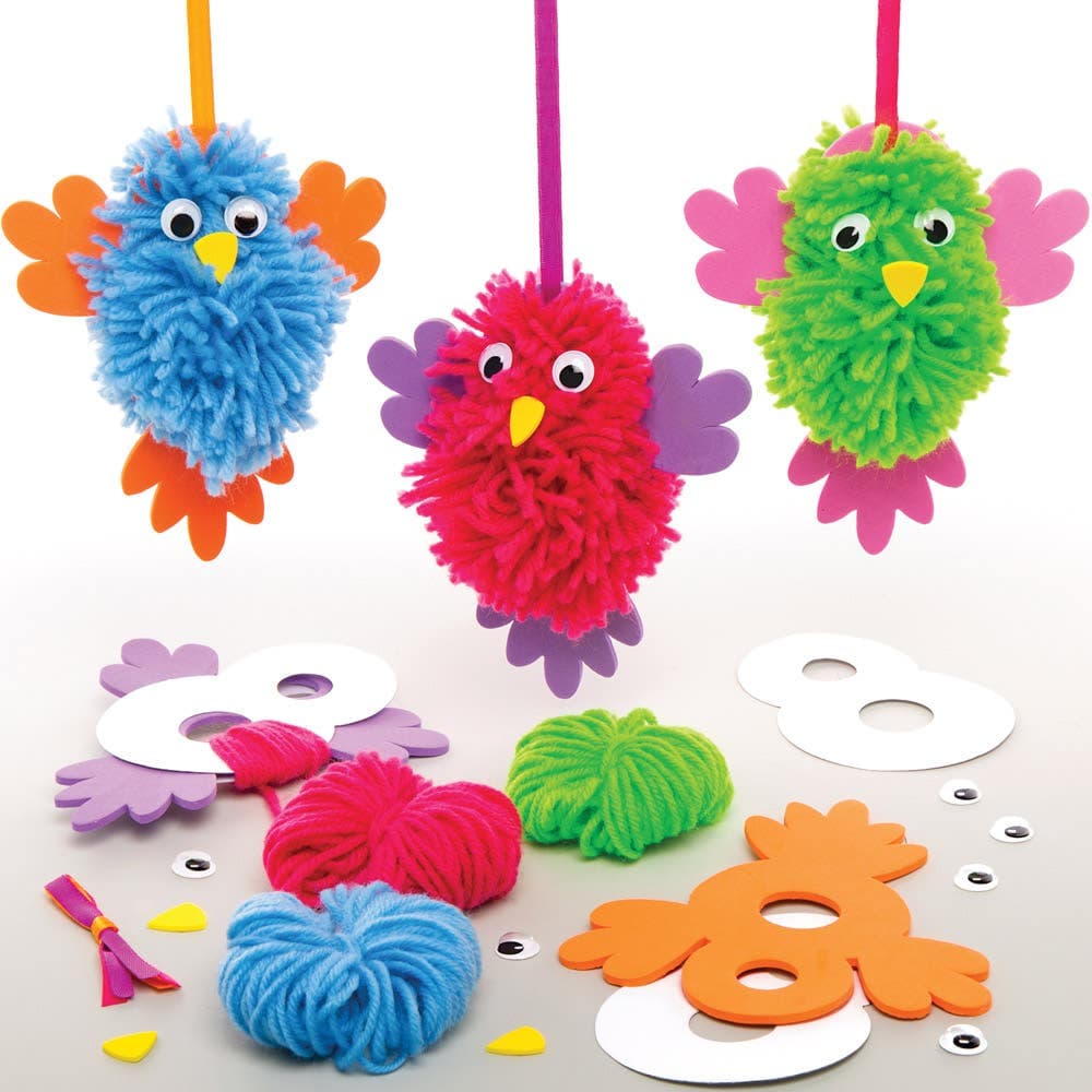 Bird Pom Pom Kits (Pack of 3) Art Craft Kits 3 assorted wool colours - Pink, blue & Green