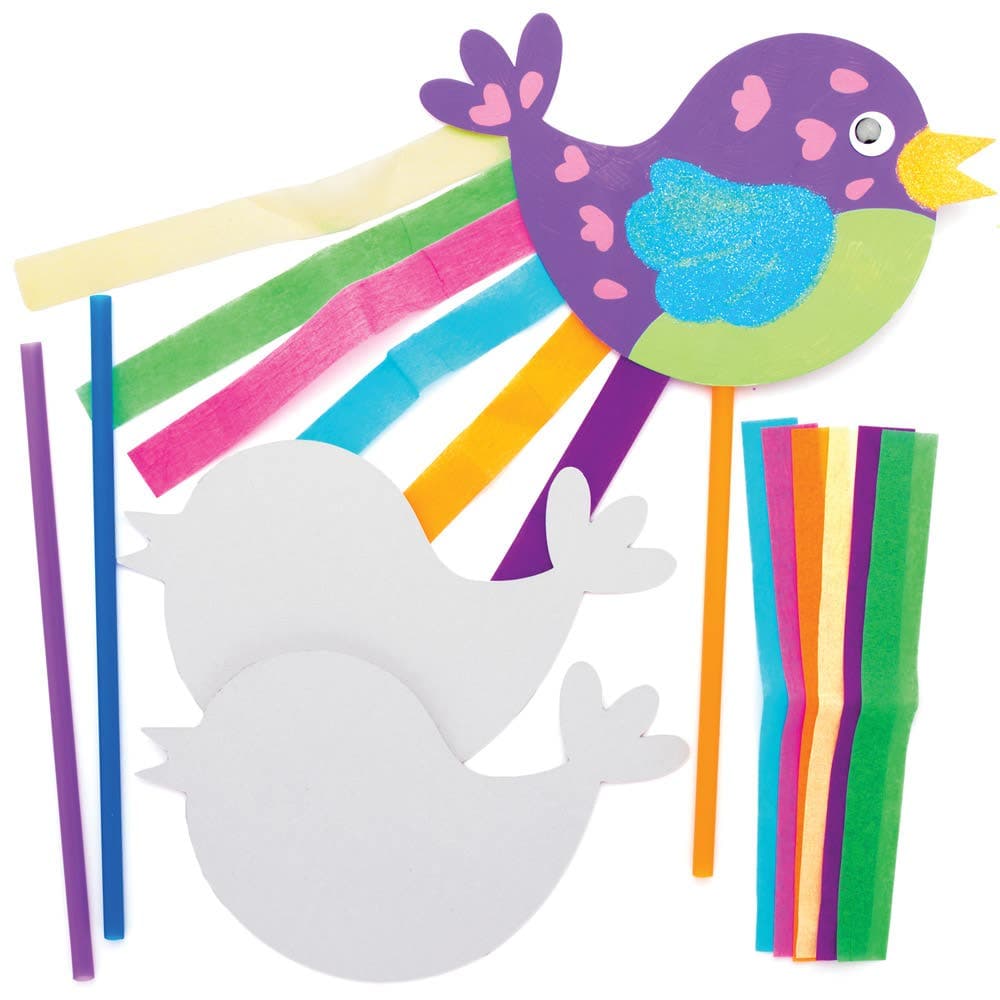 Bird Wand Kits (Pack of 8) Craft Kits For Kids 6 assorted streamer colours - Orange, Pink, Green, Yellow, Purple & Blue