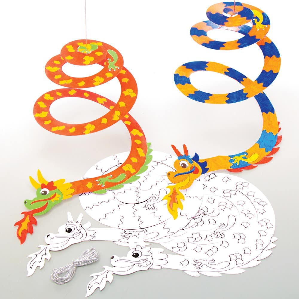 Dragon Spiral Mobiles (Pack of 10) Chinese New Year Crafts, Colour-In Yourself, 2 Assorted Designs, Hanging Cord Included